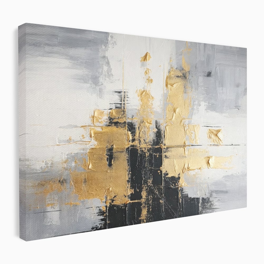 Tablou canvas cu pictura abstracta cu auriu si negru, fara rama, pe sasiu de lemn